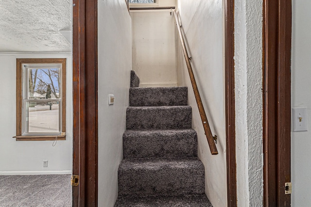 stairs featuring a textured ceiling, carpet floors, and baseboards