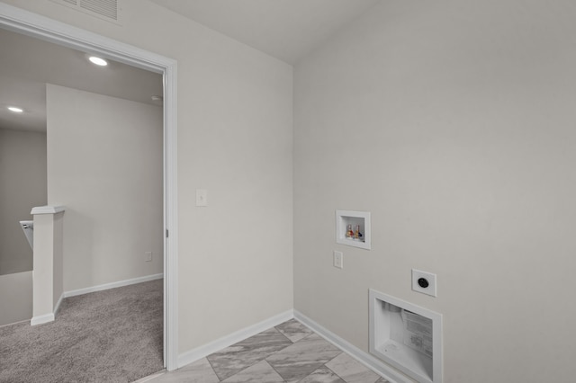 laundry room with hookup for an electric dryer, laundry area, washer hookup, visible vents, and baseboards