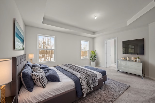 bedroom featuring light carpet, a raised ceiling, and baseboards