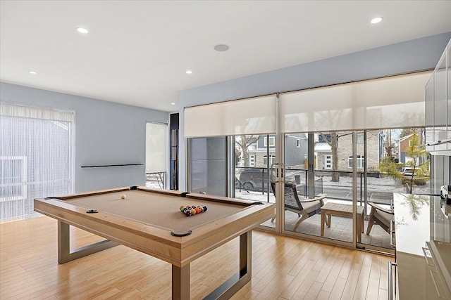 game room featuring recessed lighting, a healthy amount of sunlight, billiards, and light wood-style flooring