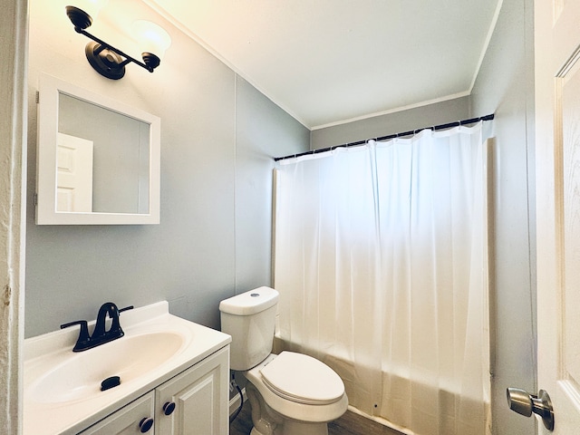 bathroom featuring toilet, curtained shower, ornamental molding, and vanity