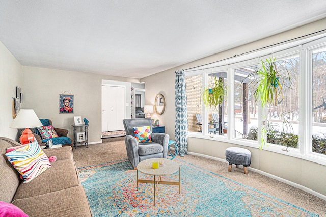 carpeted living area with baseboards