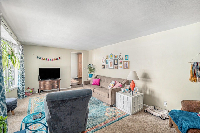 living room featuring carpet, baseboards, and a textured ceiling