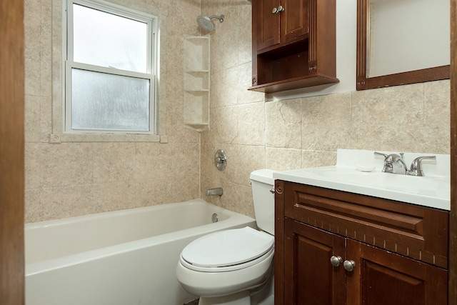 bathroom with shower / tub combination, toilet, vanity, tile walls, and decorative backsplash