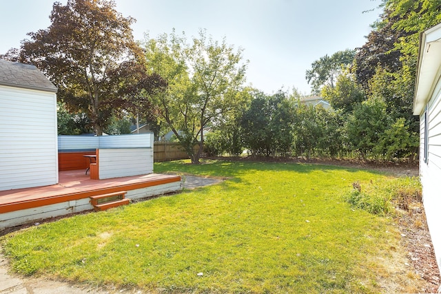 view of yard featuring fence and a wooden deck