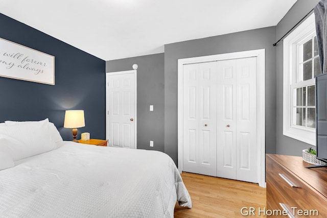 bedroom featuring light wood-style floors and a closet