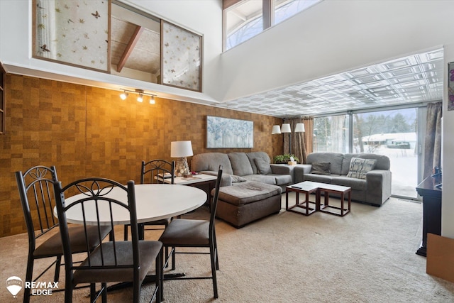 living area featuring carpet floors, an ornate ceiling, plenty of natural light, and a towering ceiling