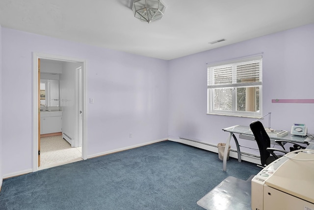 unfurnished office with dark colored carpet, visible vents, baseboards, and a baseboard radiator