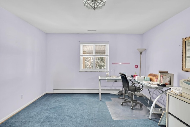 carpeted home office featuring baseboards and visible vents