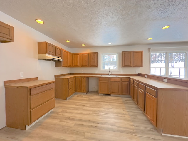 kitchen with brown cabinets, light countertops, a sink, light wood-type flooring, and under cabinet range hood