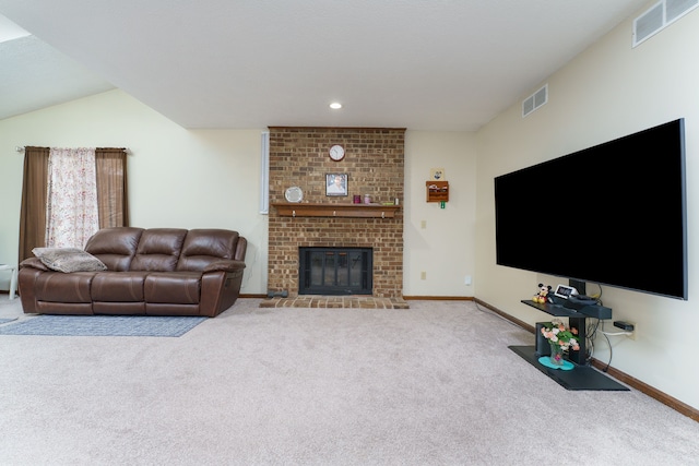 living area featuring baseboards, a fireplace, visible vents, and light colored carpet