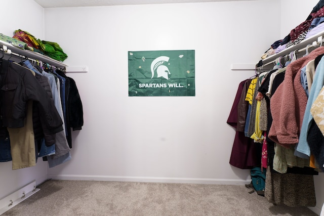 spacious closet featuring light colored carpet