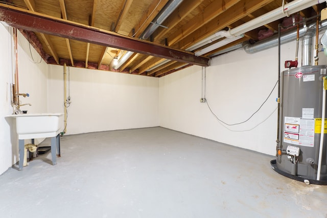 unfinished basement featuring water heater