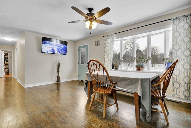 dining space featuring dark wood-style floors, visible vents, ceiling fan, and baseboards