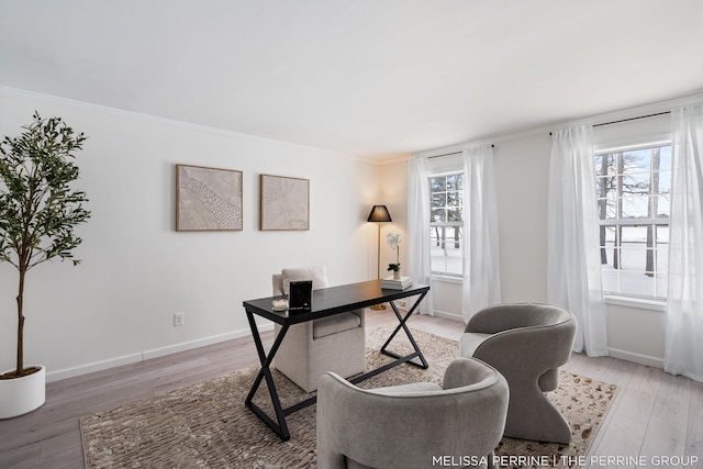 office featuring crown molding, wood finished floors, and baseboards