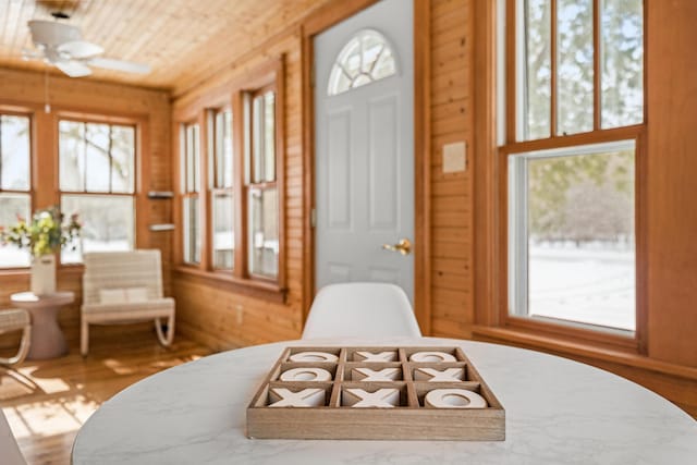 bedroom featuring wooden ceiling and wood walls