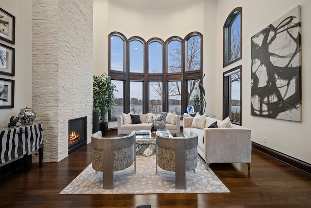 living area with a stone fireplace, a high ceiling, wood finished floors, baseboards, and ornamental molding