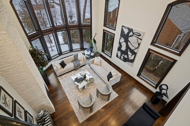 sunken living room featuring a towering ceiling and wood finished floors