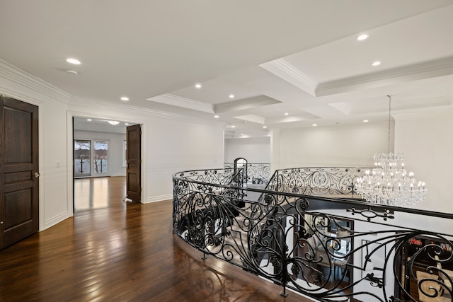 corridor featuring crown molding, recessed lighting, an upstairs landing, wood finished floors, and baseboards