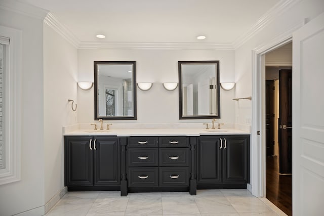 full bath with crown molding, a sink, and double vanity