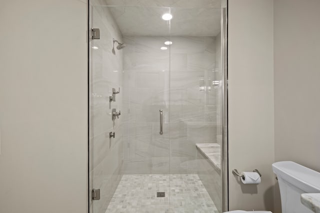 full bathroom featuring a shower stall and toilet