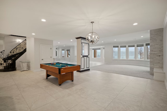 recreation room with recessed lighting, pool table, and baseboards