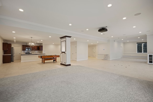 game room featuring light tile patterned flooring, light colored carpet, crown molding, and recessed lighting