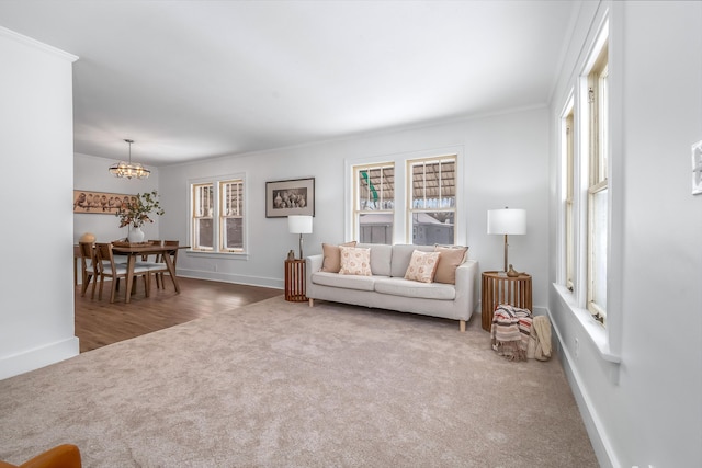 carpeted living room featuring baseboards, ornamental molding, and an inviting chandelier