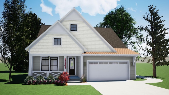 view of front facade featuring driveway, metal roof, an attached garage, a standing seam roof, and a front yard