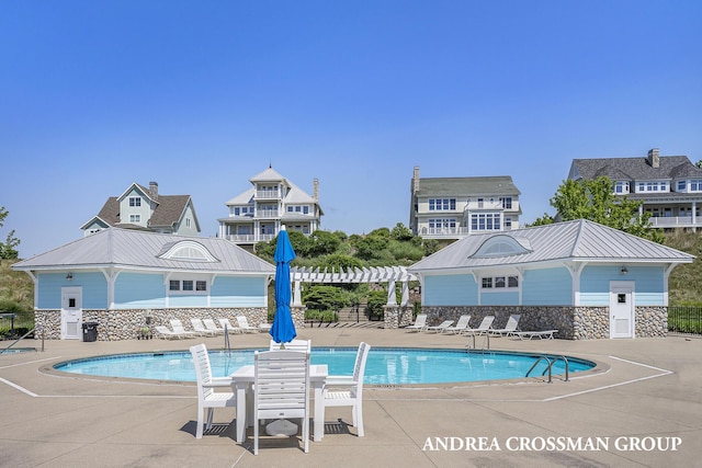 pool featuring a patio and fence