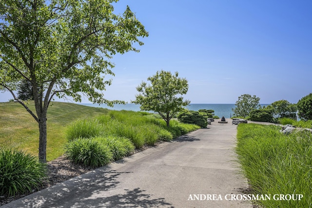 view of road with a water view