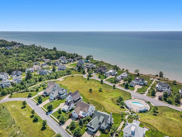 aerial view featuring a water view and a residential view