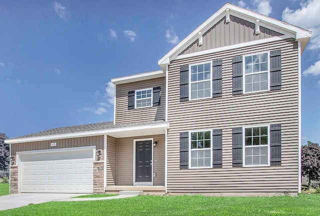 view of front facade featuring a garage, board and batten siding, and concrete driveway