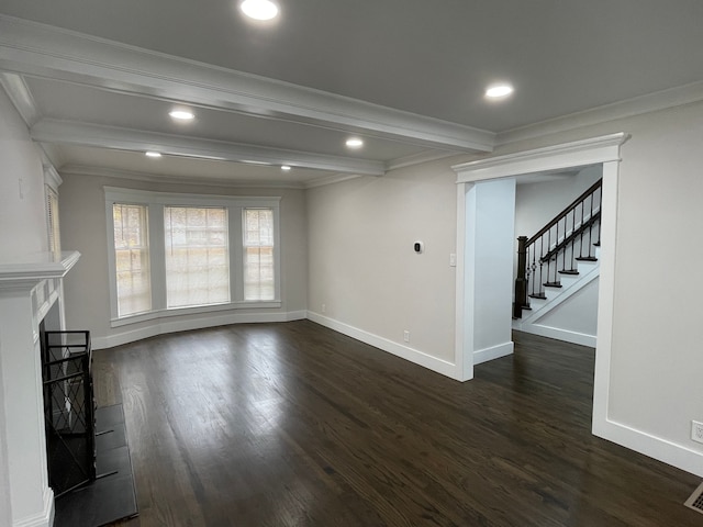 unfurnished living room with baseboards, dark wood-style floors, stairway, beamed ceiling, and a fireplace