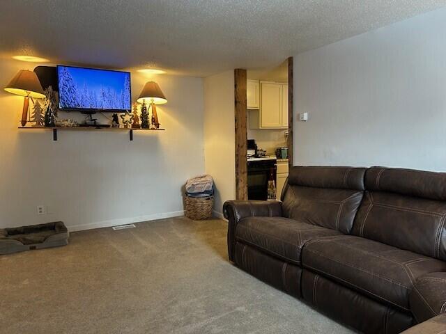 living room featuring carpet, a textured ceiling, and baseboards