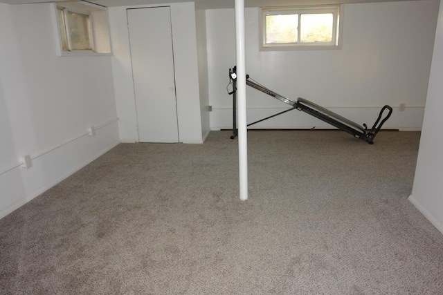 basement featuring light carpet