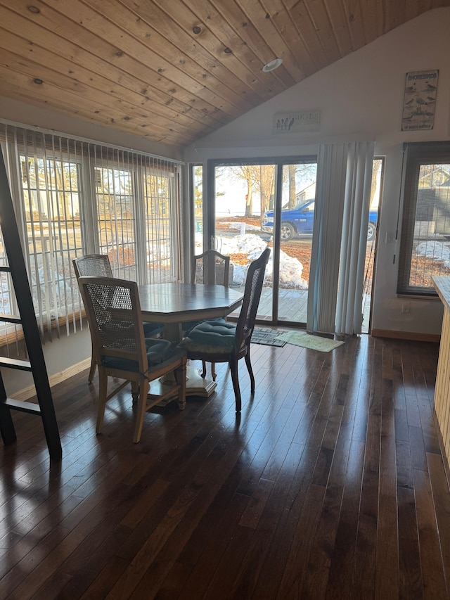 dining space featuring baseboards, wood ceiling, lofted ceiling, and dark wood-style flooring