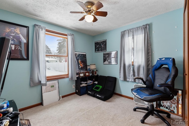 sitting room featuring light carpet, a textured ceiling, and baseboards