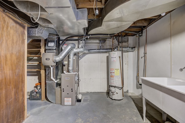 utility room with heating unit, water heater, and a sink