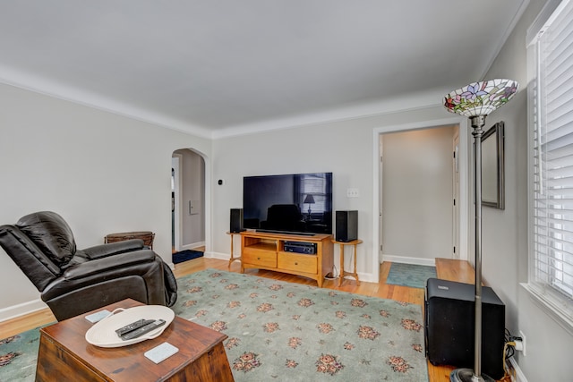 living room featuring baseboards, arched walkways, and wood finished floors