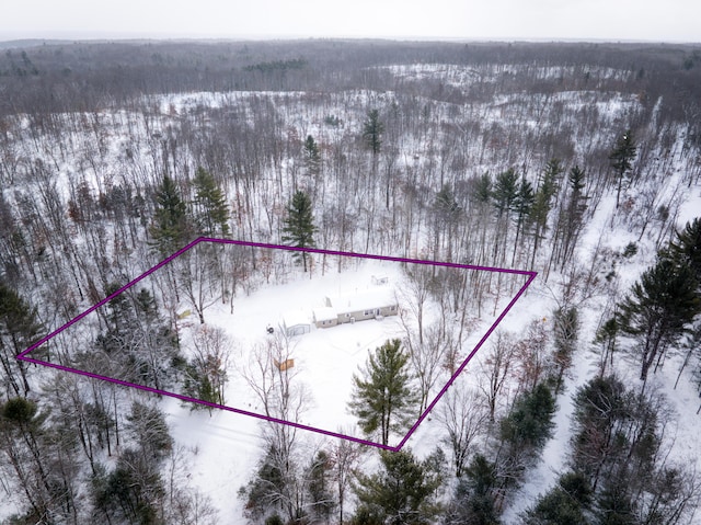 snowy aerial view featuring a forest view