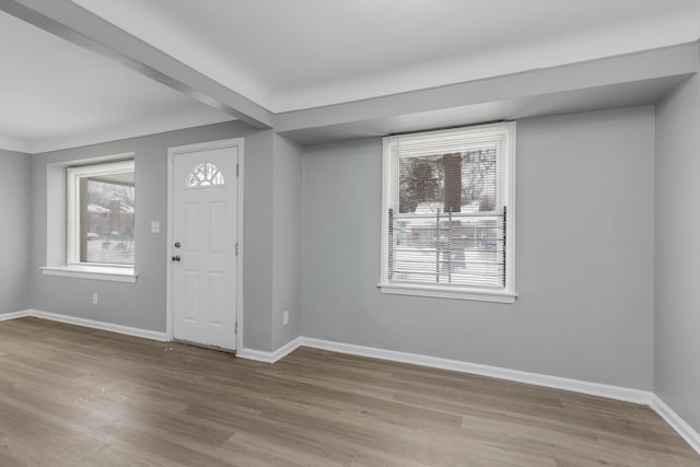 foyer entrance featuring baseboards, plenty of natural light, and light wood finished floors