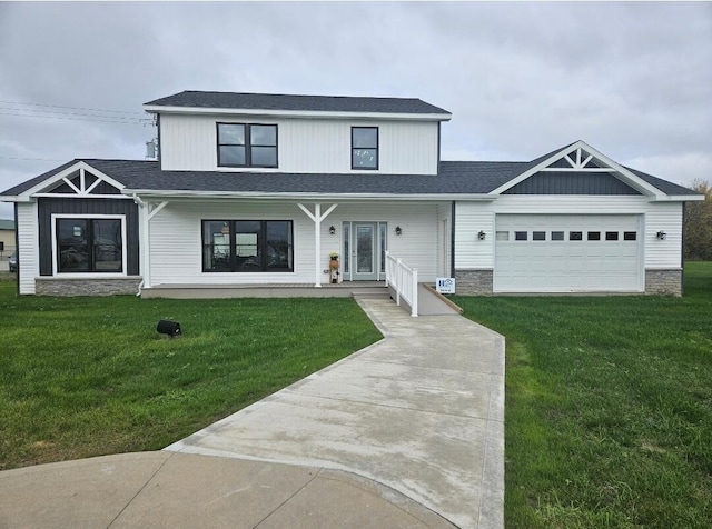 modern inspired farmhouse with driveway, a garage, stone siding, a porch, and a front yard