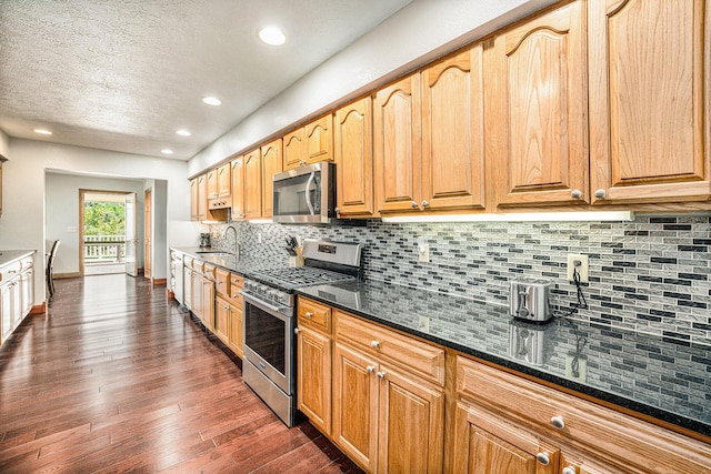 kitchen with dark wood-style floors, stainless steel appliances, tasteful backsplash, a sink, and dark stone counters