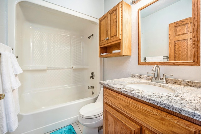 bathroom with toilet, tile patterned floors, bathing tub / shower combination, and vanity