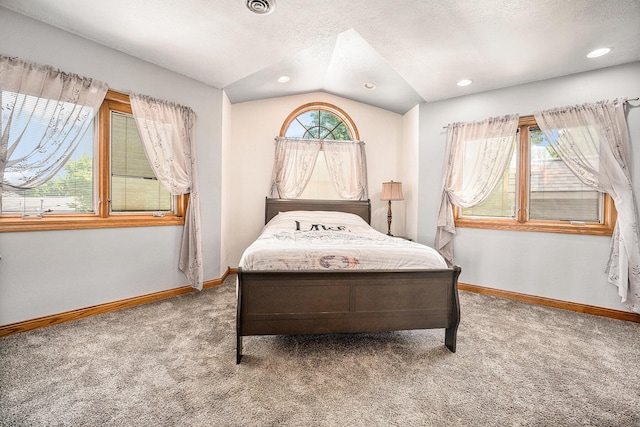 carpeted bedroom featuring recessed lighting, vaulted ceiling, a textured ceiling, and baseboards
