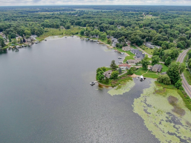 birds eye view of property with a water view and a view of trees
