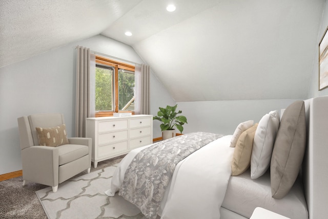 bedroom with recessed lighting, light colored carpet, vaulted ceiling, and baseboards