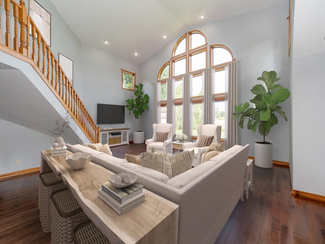 living area featuring hardwood / wood-style flooring, baseboards, stairs, and high vaulted ceiling