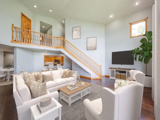 living area with stairs, high vaulted ceiling, wood finished floors, and recessed lighting